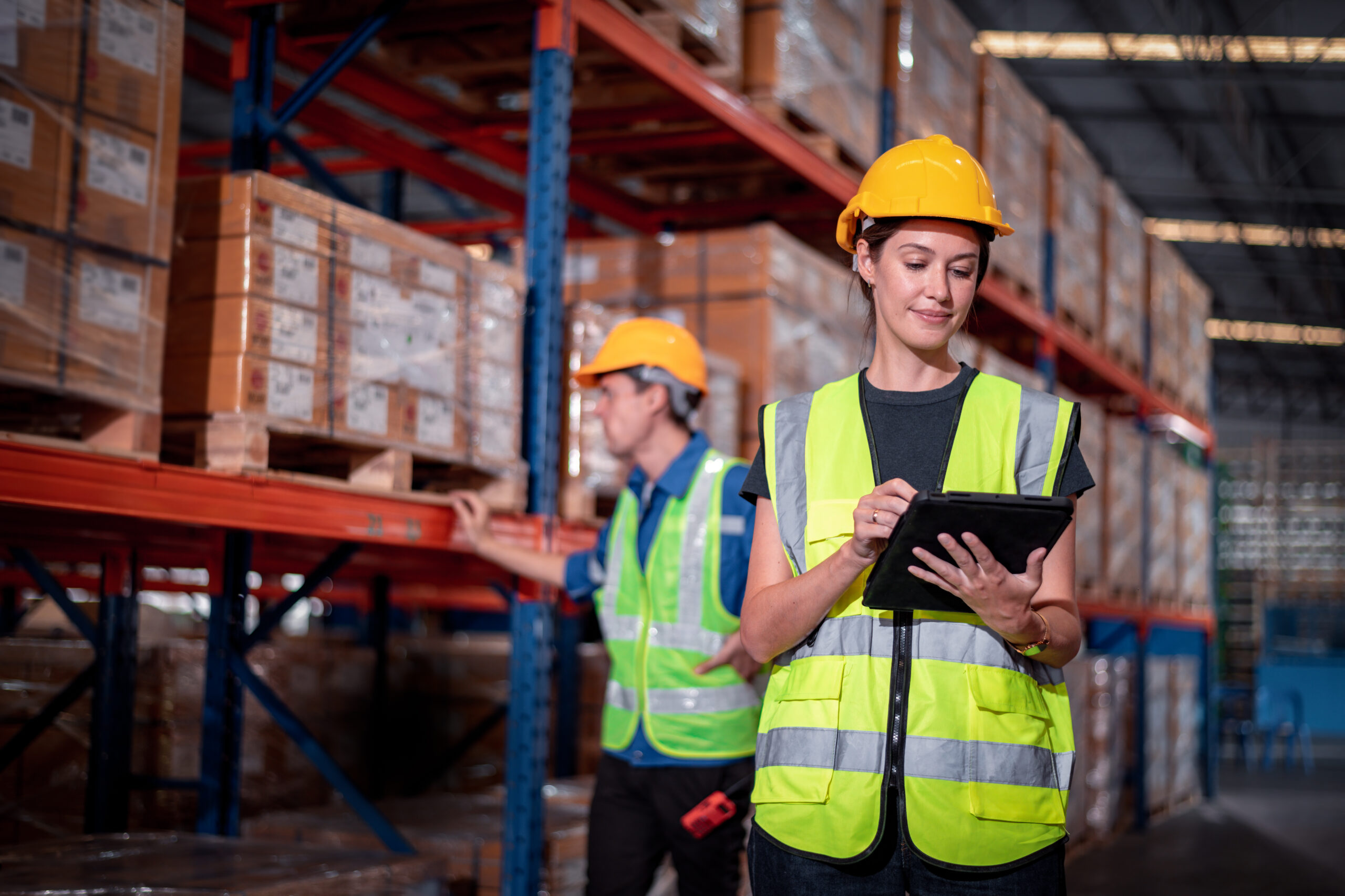 Industria almacén trabajadora en cascos con productos