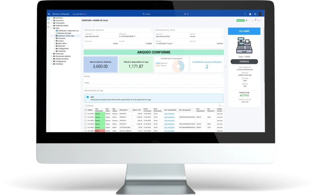 Dashboard de caja de Axional FAS en una computadora de escritorio