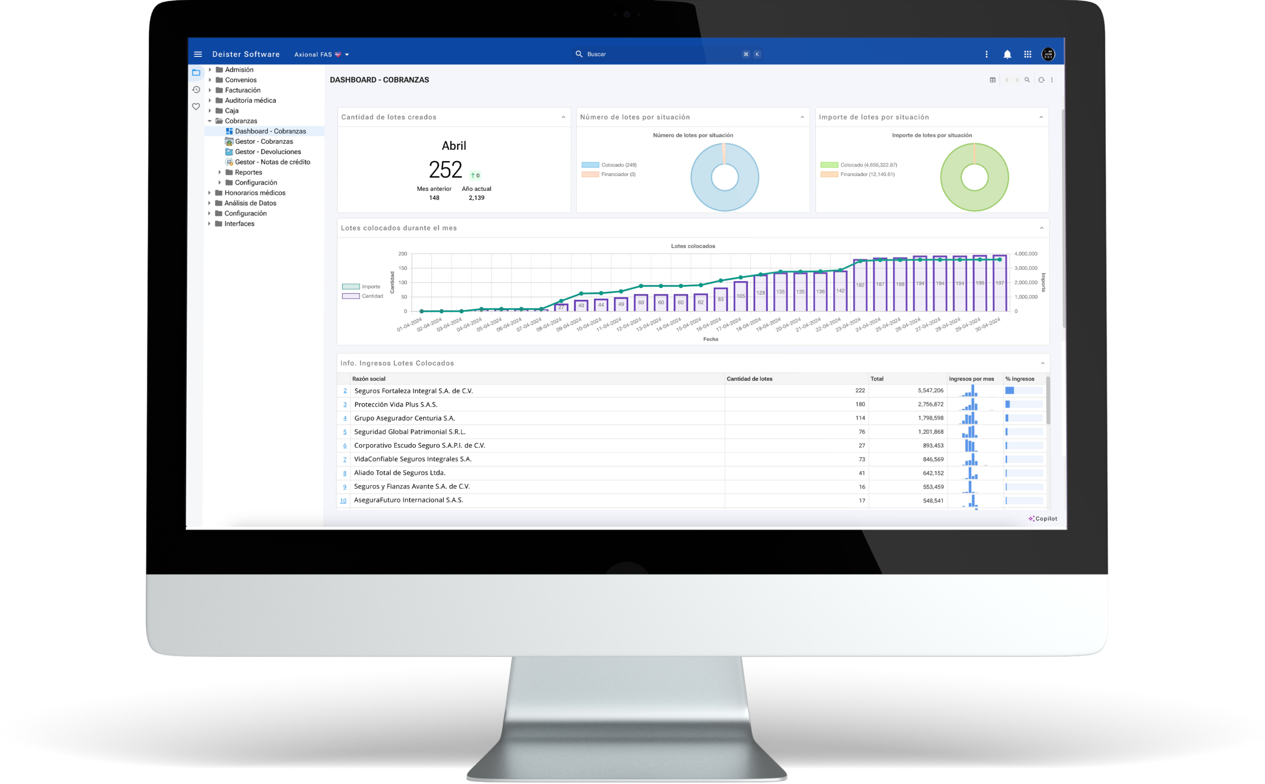 Dashboard de cobranzas de Axional FAS en una computadora de escritorio