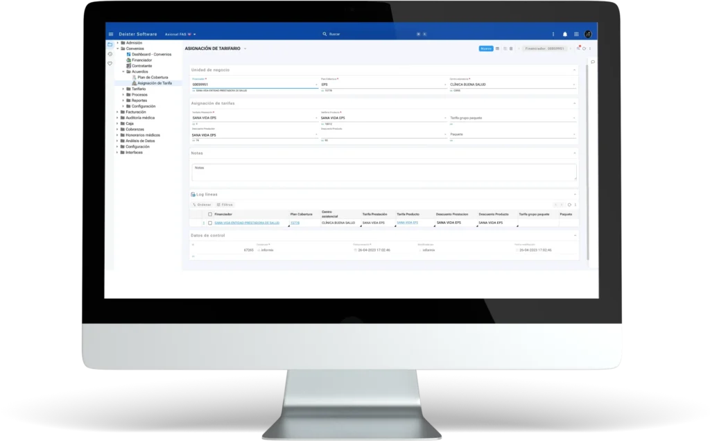 Dashboard de tarifario de Axional FAS en una computadora de escritorio