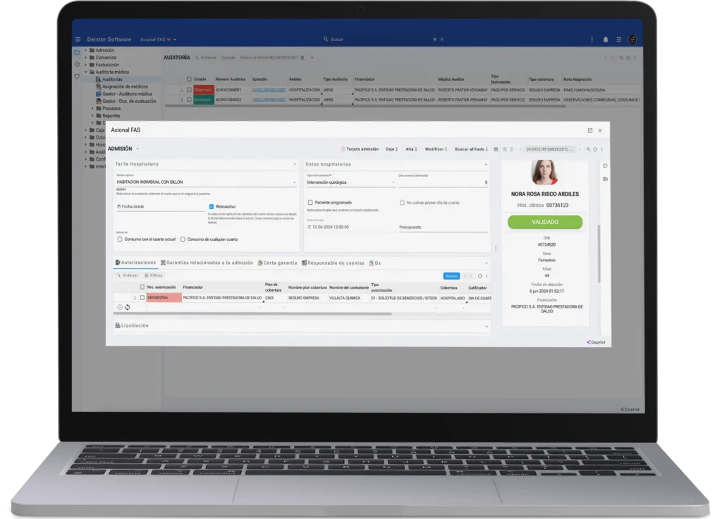 Dashboard de admisión de Axional FAS en una computadora de escritorio